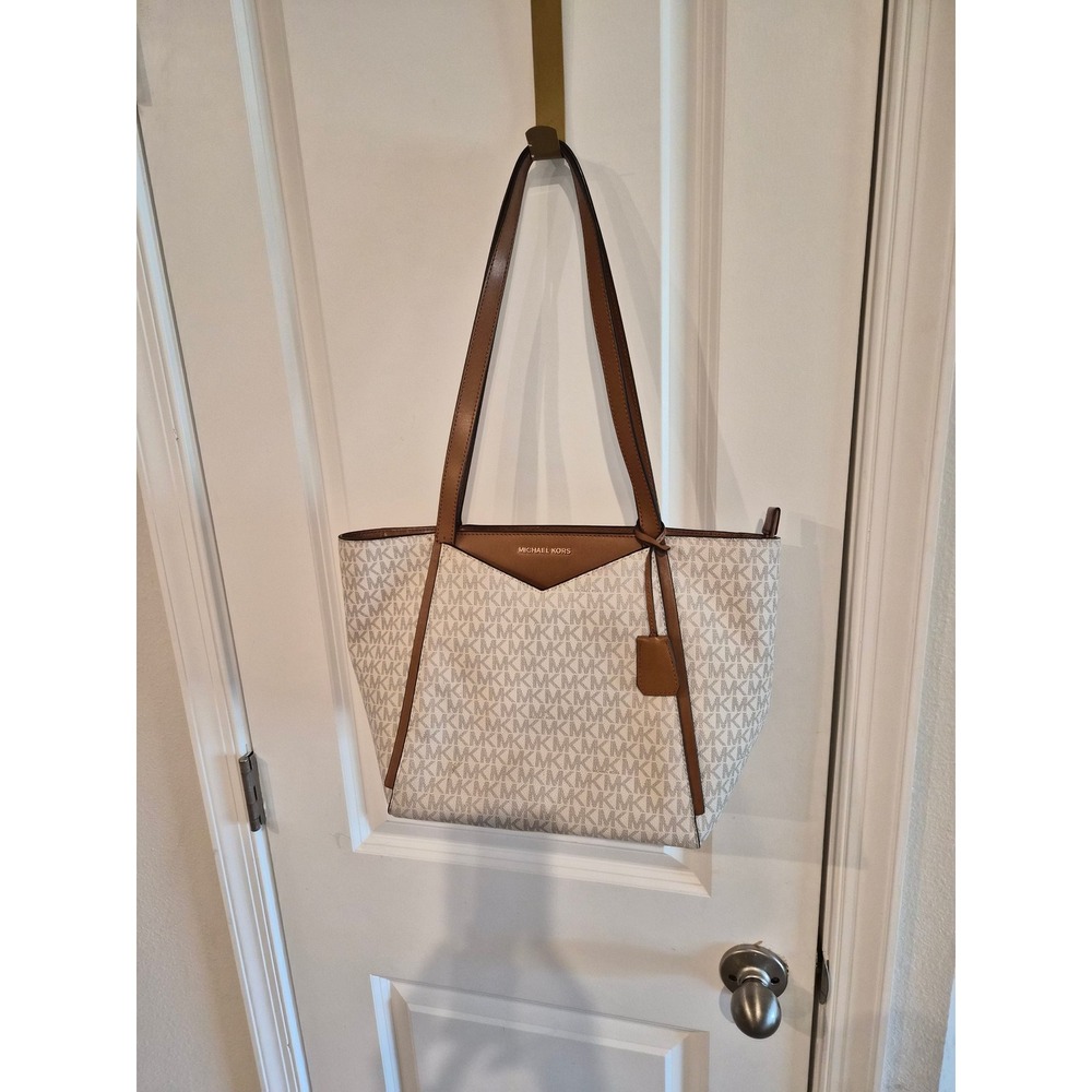 Michael Kors Signature MK Monogram Tote Bag Tan Leather‎ Trim Cream BrownLarge